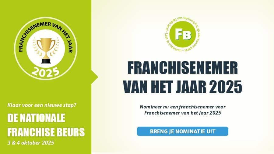 logo van franchsienemer van het jaar: Tekst franchisenemer van het jaar rond om een beker met aan de onderkant 2025