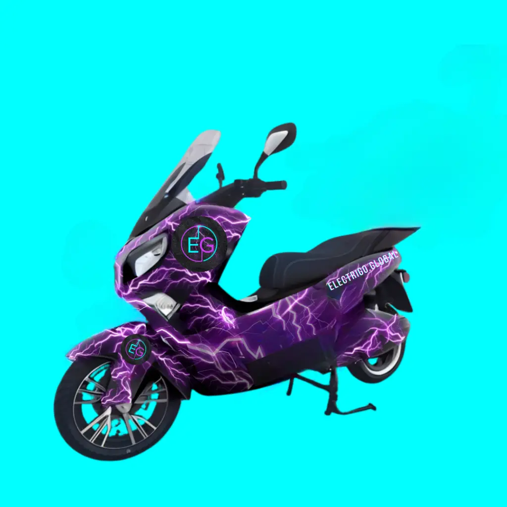 High-performance elektrische scooter van electriGo, met sportief design en paarse lightning wrap, gericht op snelle, emissievrije mobiliteit.