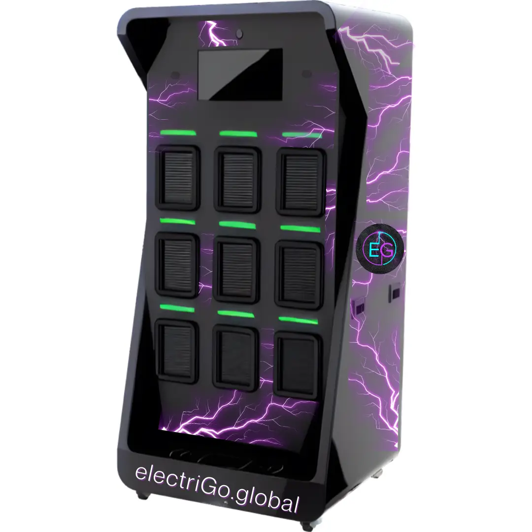 Volautomatisch batterijwisselstation van electriGo met 12 slots en led-indicatoren, onderdeel van het slimme batterij-swapnetwerk voor elektrische tweewielers.